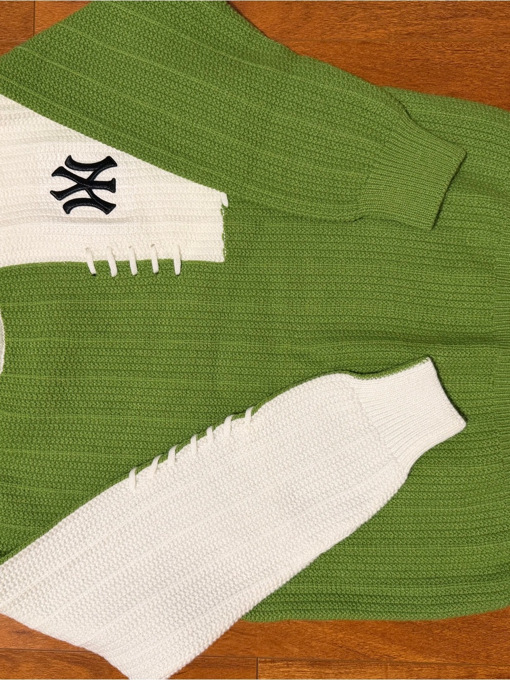 Green and White Knit Sweater with Contrast Sleeves